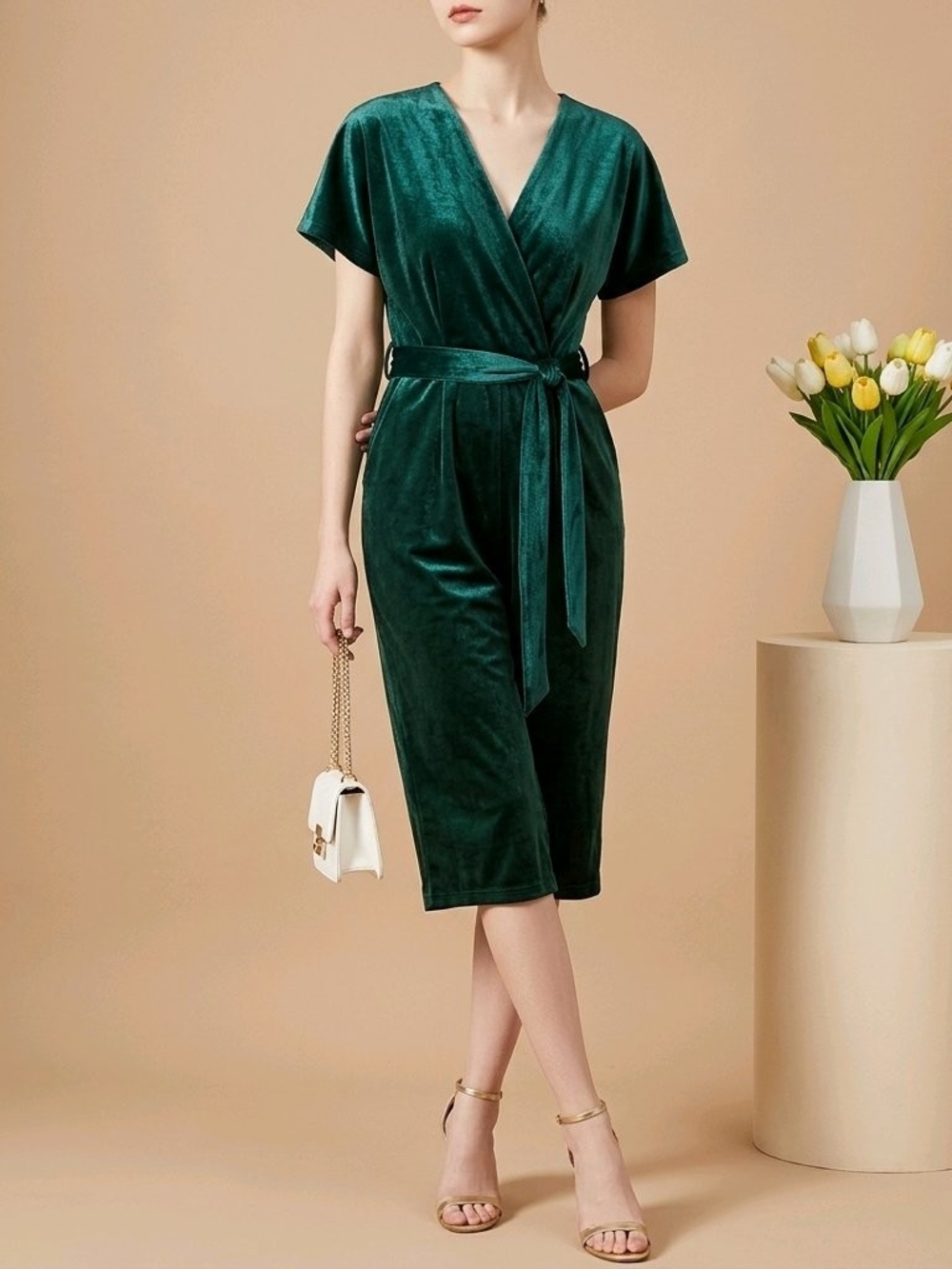 "Closet" Velvet Wrap Midi Dress - Emerald Green